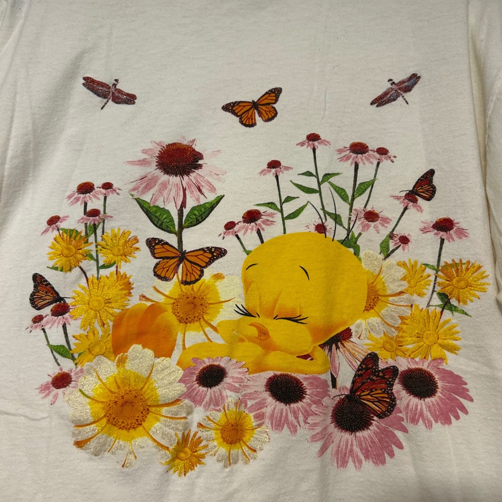 Vintage 1998 Looney Tunes Tweety Bird Silence is Golden Floral T-Shirt Cream L - Picture 8 of 9
